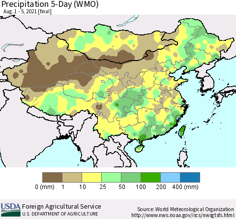 China, Mongolia and Taiwan Precipitation 5-Day (WMO) Thematic Map For 8/1/2021 - 8/5/2021