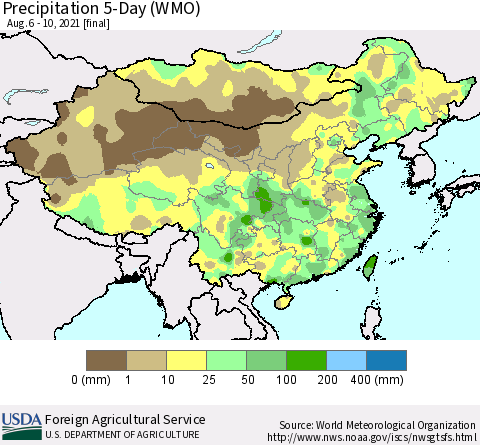 China, Mongolia and Taiwan Precipitation 5-Day (WMO) Thematic Map For 8/6/2021 - 8/10/2021