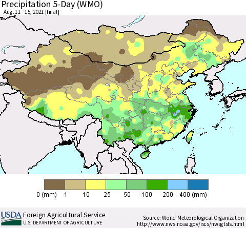 China, Mongolia and Taiwan Precipitation 5-Day (WMO) Thematic Map For 8/11/2021 - 8/15/2021