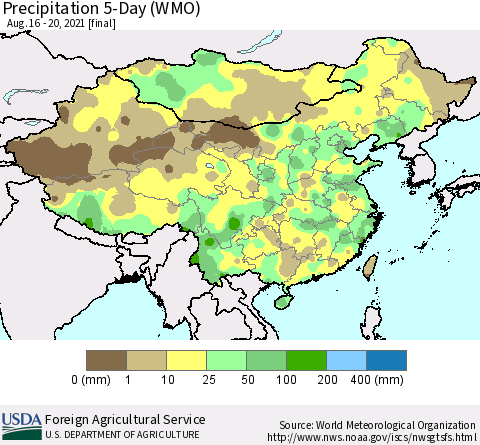 China, Mongolia and Taiwan Precipitation 5-Day (WMO) Thematic Map For 8/16/2021 - 8/20/2021