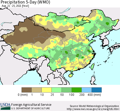 China, Mongolia and Taiwan Precipitation 5-Day (WMO) Thematic Map For 8/21/2021 - 8/25/2021
