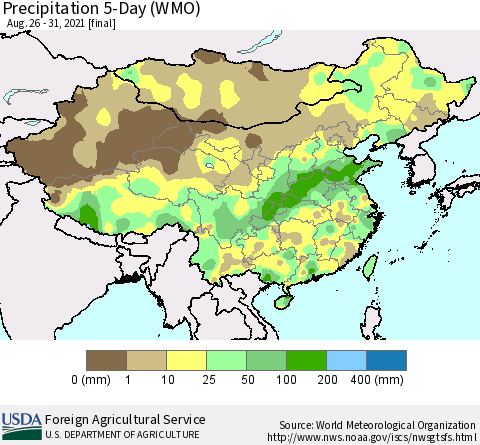 China, Mongolia and Taiwan Precipitation 5-Day (WMO) Thematic Map For 8/26/2021 - 8/31/2021
