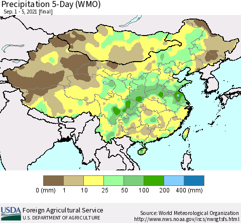 China, Mongolia and Taiwan Precipitation 5-Day (WMO) Thematic Map For 9/1/2021 - 9/5/2021