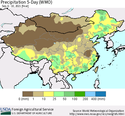 China, Mongolia and Taiwan Precipitation 5-Day (WMO) Thematic Map For 9/6/2021 - 9/10/2021