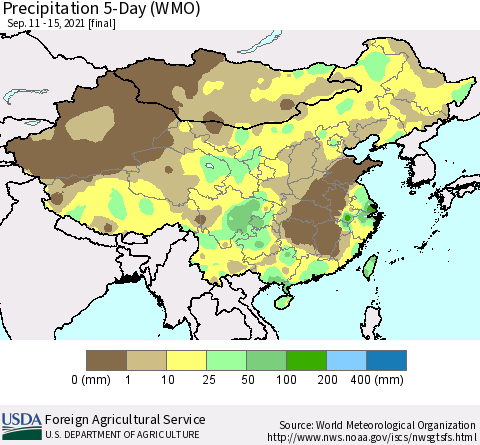 China, Mongolia and Taiwan Precipitation 5-Day (WMO) Thematic Map For 9/11/2021 - 9/15/2021