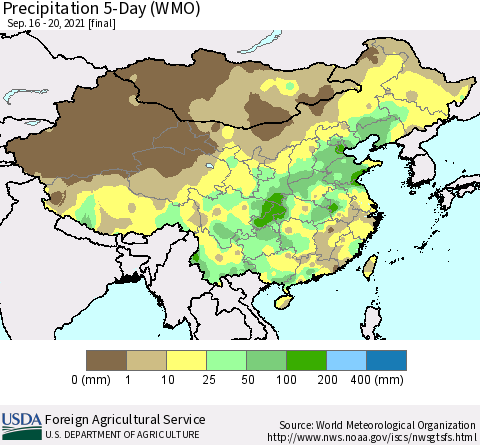 China, Mongolia and Taiwan Precipitation 5-Day (WMO) Thematic Map For 9/16/2021 - 9/20/2021