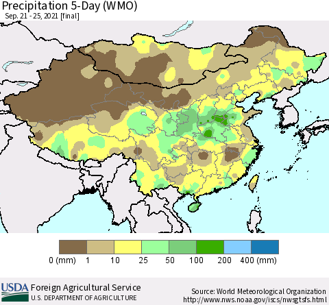China, Mongolia and Taiwan Precipitation 5-Day (WMO) Thematic Map For 9/21/2021 - 9/25/2021