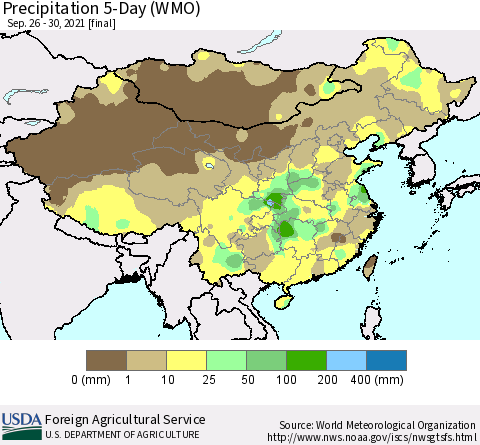 China, Mongolia and Taiwan Precipitation 5-Day (WMO) Thematic Map For 9/26/2021 - 9/30/2021