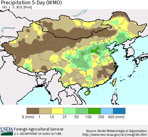China, Mongolia and Taiwan Precipitation 5-Day (WMO) Thematic Map For 10/1/2021 - 10/5/2021
