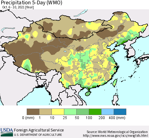 China, Mongolia and Taiwan Precipitation 5-Day (WMO) Thematic Map For 10/6/2021 - 10/10/2021