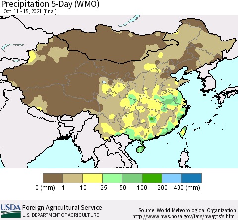 China, Mongolia and Taiwan Precipitation 5-Day (WMO) Thematic Map For 10/11/2021 - 10/15/2021