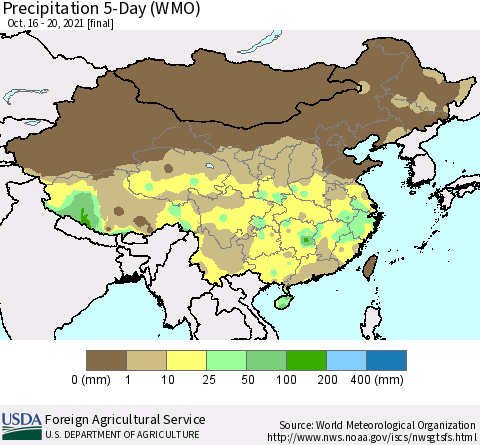 China, Mongolia and Taiwan Precipitation 5-Day (WMO) Thematic Map For 10/16/2021 - 10/20/2021
