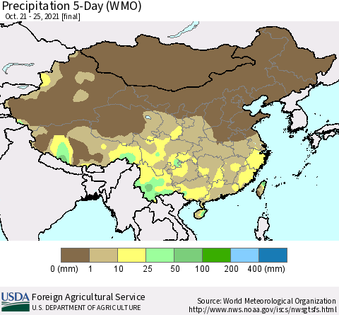 China, Mongolia and Taiwan Precipitation 5-Day (WMO) Thematic Map For 10/21/2021 - 10/25/2021
