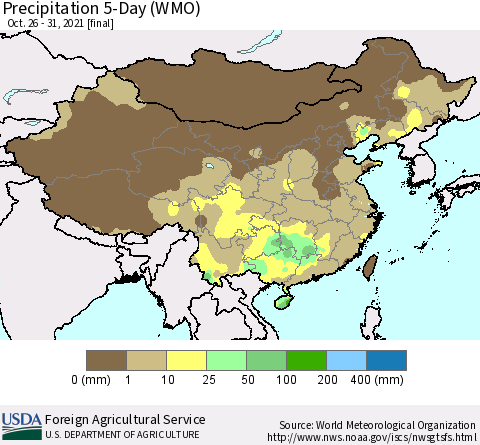 China, Mongolia and Taiwan Precipitation 5-Day (WMO) Thematic Map For 10/26/2021 - 10/31/2021