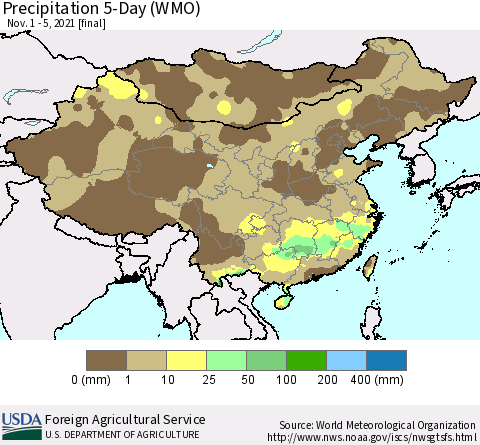 China, Mongolia and Taiwan Precipitation 5-Day (WMO) Thematic Map For 11/1/2021 - 11/5/2021