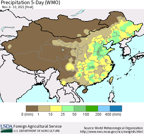 China, Mongolia and Taiwan Precipitation 5-Day (WMO) Thematic Map For 11/6/2021 - 11/10/2021
