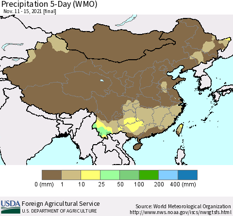 China, Mongolia and Taiwan Precipitation 5-Day (WMO) Thematic Map For 11/11/2021 - 11/15/2021