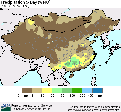 China, Mongolia and Taiwan Precipitation 5-Day (WMO) Thematic Map For 11/16/2021 - 11/20/2021