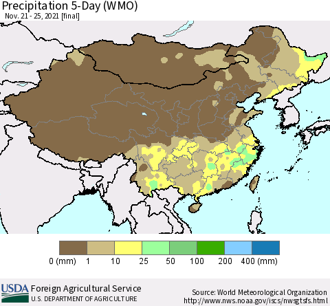 China, Mongolia and Taiwan Precipitation 5-Day (WMO) Thematic Map For 11/21/2021 - 11/25/2021