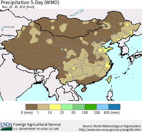 China, Mongolia and Taiwan Precipitation 5-Day (WMO) Thematic Map For 11/26/2021 - 11/30/2021