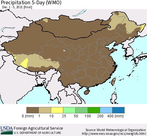 China, Mongolia and Taiwan Precipitation 5-Day (WMO) Thematic Map For 12/1/2021 - 12/5/2021