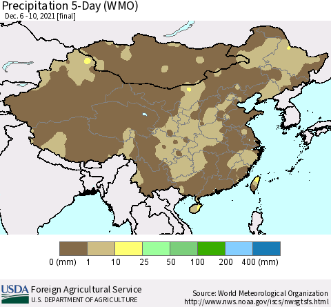 China, Mongolia and Taiwan Precipitation 5-Day (WMO) Thematic Map For 12/6/2021 - 12/10/2021