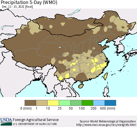 China, Mongolia and Taiwan Precipitation 5-Day (WMO) Thematic Map For 12/11/2021 - 12/15/2021