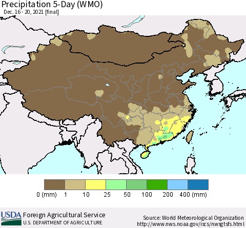 China, Mongolia and Taiwan Precipitation 5-Day (WMO) Thematic Map For 12/16/2021 - 12/20/2021