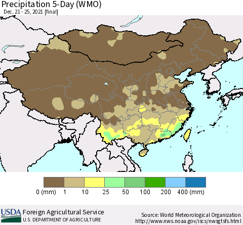 China, Mongolia and Taiwan Precipitation 5-Day (WMO) Thematic Map For 12/21/2021 - 12/25/2021