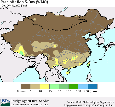 China, Mongolia and Taiwan Precipitation 5-Day (WMO) Thematic Map For 12/26/2021 - 12/31/2021