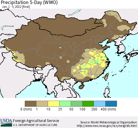 China, Mongolia and Taiwan Precipitation 5-Day (WMO) Thematic Map For 1/1/2022 - 1/5/2022