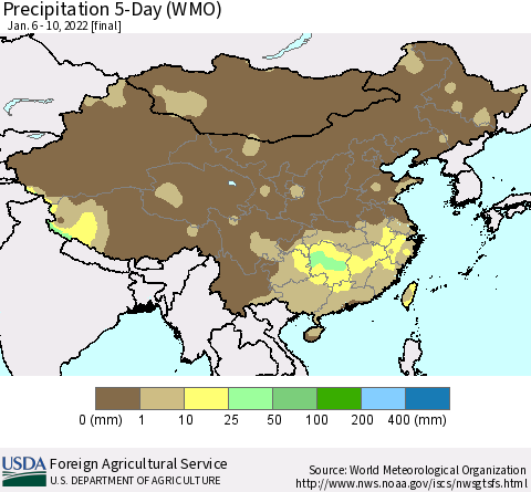 China, Mongolia and Taiwan Precipitation 5-Day (WMO) Thematic Map For 1/6/2022 - 1/10/2022