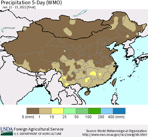 China, Mongolia and Taiwan Precipitation 5-Day (WMO) Thematic Map For 1/11/2022 - 1/15/2022