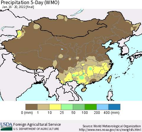 China, Mongolia and Taiwan Precipitation 5-Day (WMO) Thematic Map For 1/16/2022 - 1/20/2022