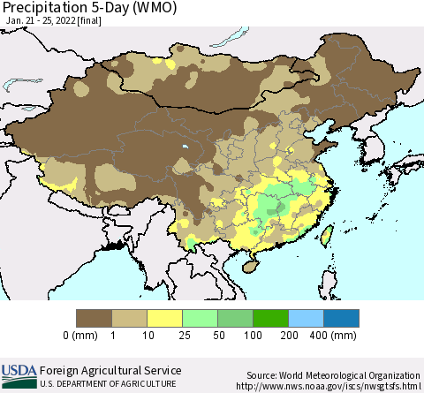 China, Mongolia and Taiwan Precipitation 5-Day (WMO) Thematic Map For 1/21/2022 - 1/25/2022