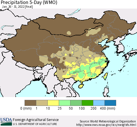 China, Mongolia and Taiwan Precipitation 5-Day (WMO) Thematic Map For 1/26/2022 - 1/31/2022