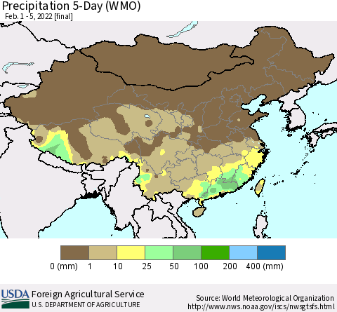 China, Mongolia and Taiwan Precipitation 5-Day (WMO) Thematic Map For 2/1/2022 - 2/5/2022