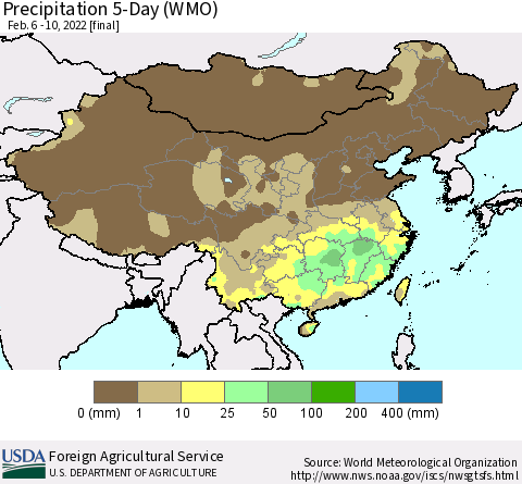 China, Mongolia and Taiwan Precipitation 5-Day (WMO) Thematic Map For 2/6/2022 - 2/10/2022