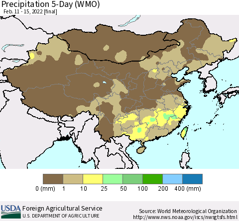 China, Mongolia and Taiwan Precipitation 5-Day (WMO) Thematic Map For 2/11/2022 - 2/15/2022