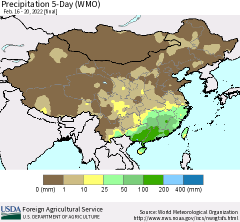 China, Mongolia and Taiwan Precipitation 5-Day (WMO) Thematic Map For 2/16/2022 - 2/20/2022