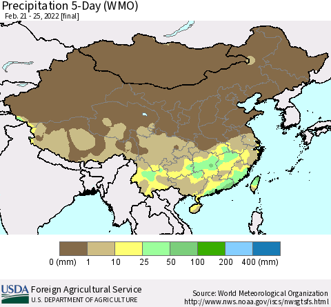 China, Mongolia and Taiwan Precipitation 5-Day (WMO) Thematic Map For 2/21/2022 - 2/25/2022
