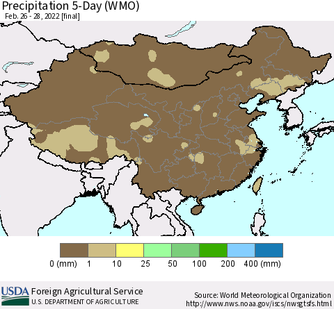 China, Mongolia and Taiwan Precipitation 5-Day (WMO) Thematic Map For 2/26/2022 - 2/28/2022