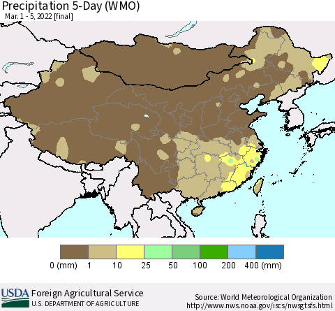 China, Mongolia and Taiwan Precipitation 5-Day (WMO) Thematic Map For 3/1/2022 - 3/5/2022