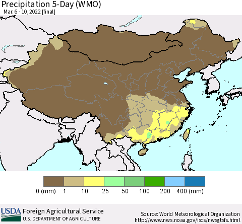 China, Mongolia and Taiwan Precipitation 5-Day (WMO) Thematic Map For 3/6/2022 - 3/10/2022