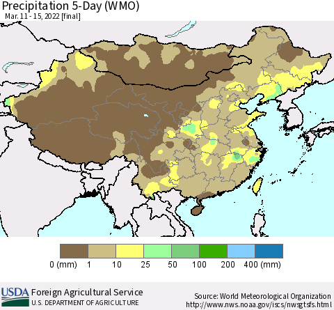 China, Mongolia and Taiwan Precipitation 5-Day (WMO) Thematic Map For 3/11/2022 - 3/15/2022