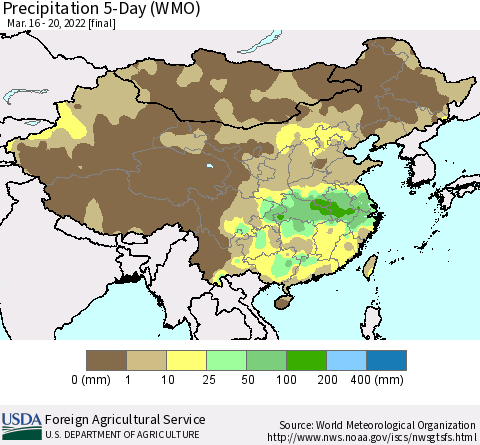 China, Mongolia and Taiwan Precipitation 5-Day (WMO) Thematic Map For 3/16/2022 - 3/20/2022