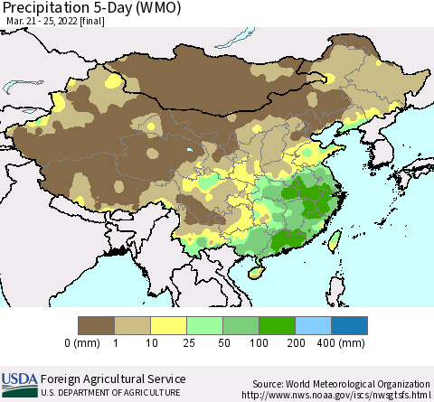 China, Mongolia and Taiwan Precipitation 5-Day (WMO) Thematic Map For 3/21/2022 - 3/25/2022