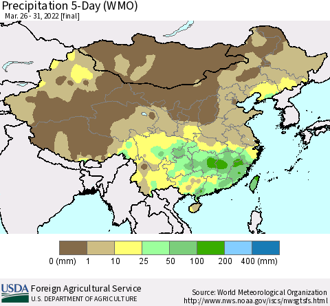 China, Mongolia and Taiwan Precipitation 5-Day (WMO) Thematic Map For 3/26/2022 - 3/31/2022
