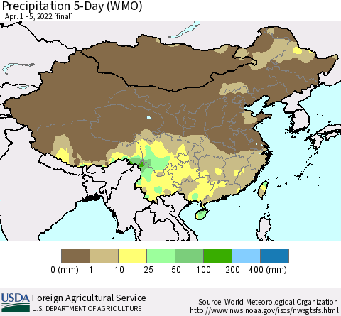 China, Mongolia and Taiwan Precipitation 5-Day (WMO) Thematic Map For 4/1/2022 - 4/5/2022