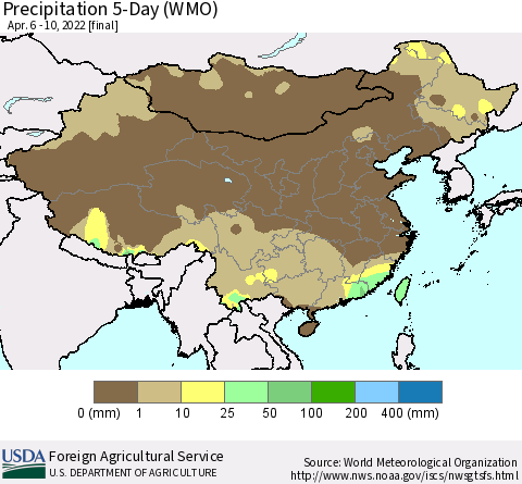 China, Mongolia and Taiwan Precipitation 5-Day (WMO) Thematic Map For 4/6/2022 - 4/10/2022